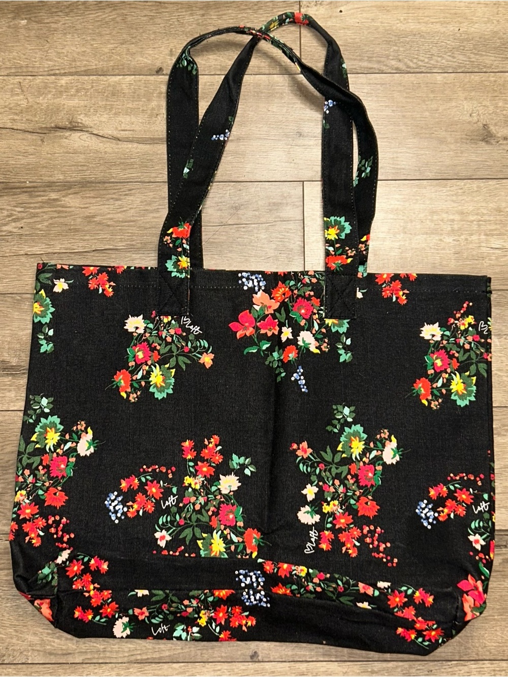 Ann Taylor LOFT Canvas TOTE BAG  Black Floral Grocery Books Beach Shopping